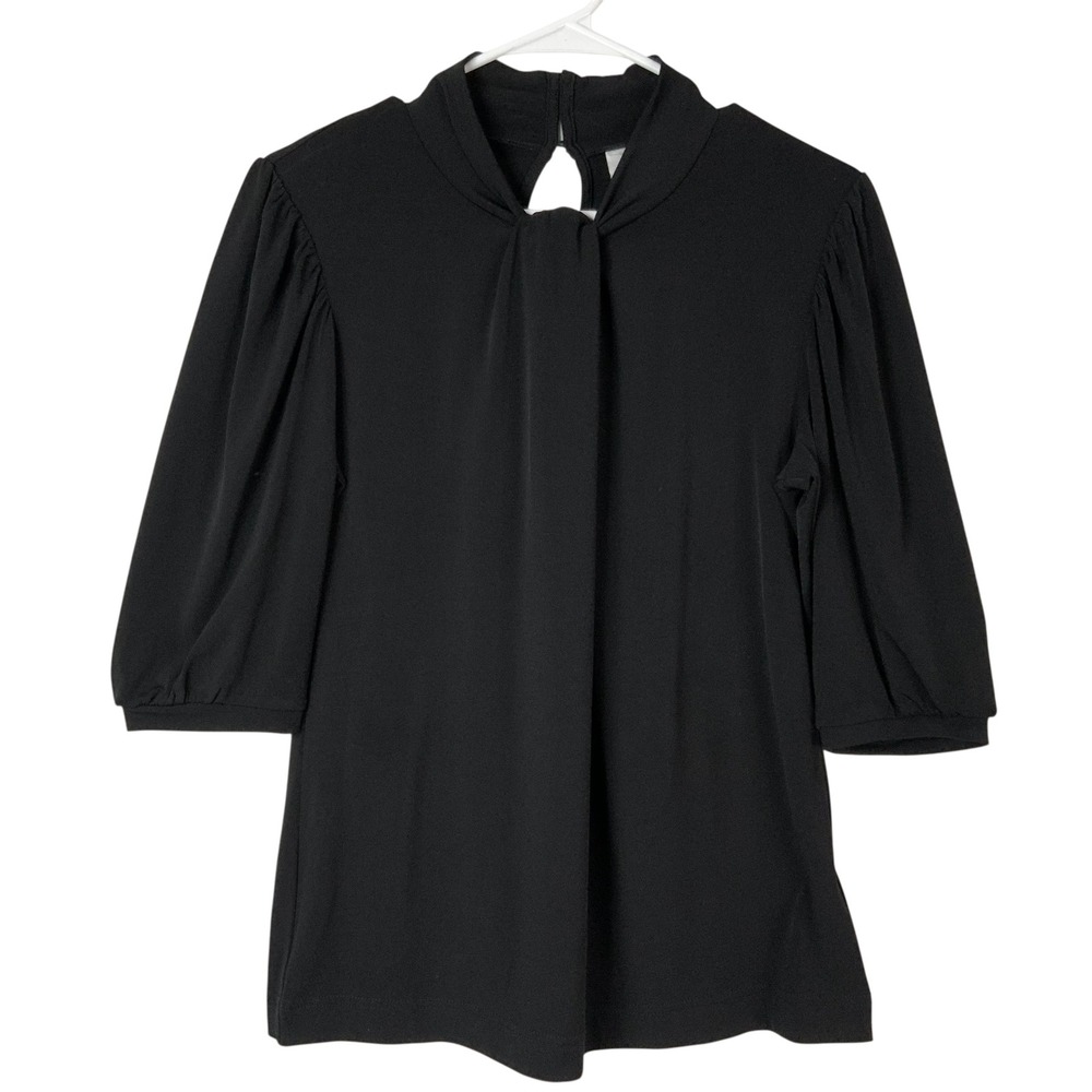 Worthington Stretch Black Blouse M Button Mock Neck 3/4 Puff Sleeve Keyhole Back